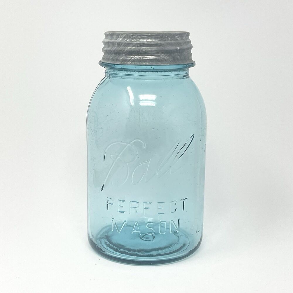 Vintage Blue Aqua Ball Perfect Mason Jar #0 Quart Zinc Lid 6.75”